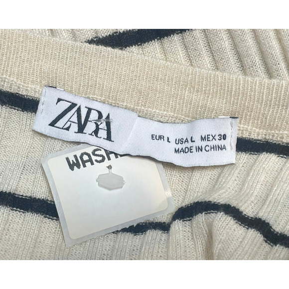 Zara Size L Knit Cardigan Beige Black Stripes Scoop Neck Button Front Fitted - Picture 7 of 10